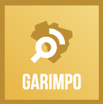 Marca do Projeto Garimpo em cores dourado e marrom, com uma lupa sobre a silhueta do mapa do Brasil